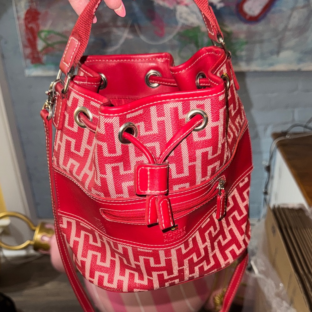 Tommy Hilfiger Red White Logo Drawstring Shoulder Bag